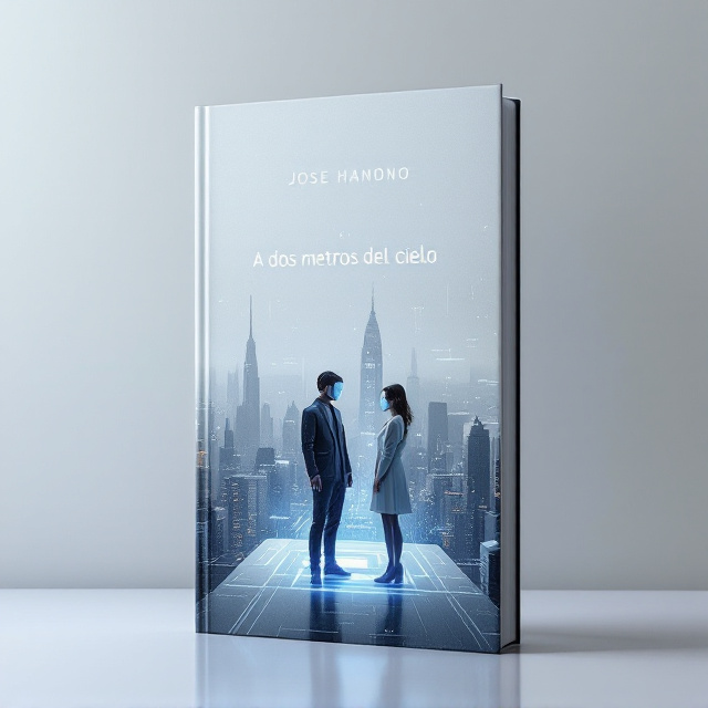 A soft, desaturated futuristic cityscape stretches across the background, with sharp skyscrapers and glowing holographic projections subtly flickering in pale blue. The foreground features a young man and woman standing two meters apart on a high, narrow platform amidst the cityscape. They wear sleek, futuristic protective masks. Between them, a faint translucent digital interface glimmers with neon blue and silver tones, symbolizing AI control. The pale grey sky above dominates the upper half, heavy and melancholic. The light source is subtle, casting cool, muted shadows.