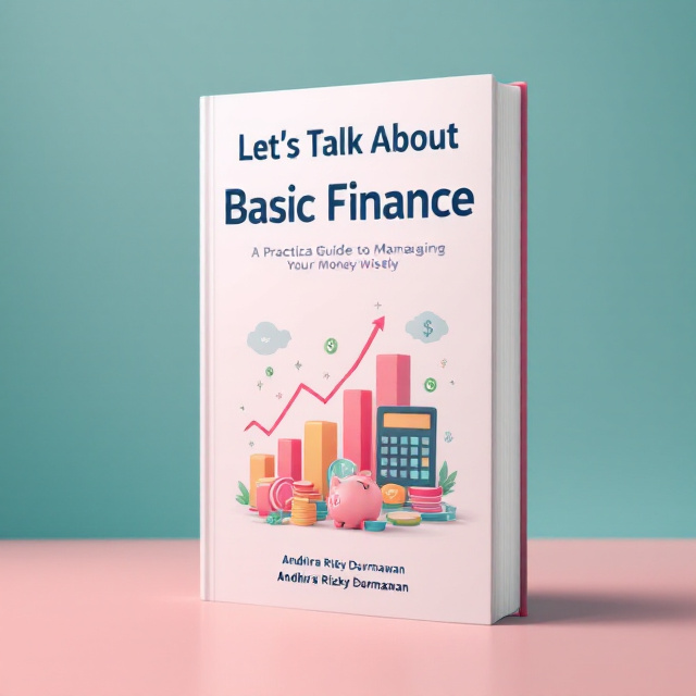 A gradient background transitioning from teal blue at the top to lighter teal at the bottom. The title, "Let's Talk About Basic Finance," in bold, sans-serif font, is centered at the top. Below the title is a subtitle/tagline "A Practical Guide to Managing Your Money Wisely," in smaller font. A simple illustration of a bar graph rising, a piggy bank, and a calculator are centrally arranged below the subtitle. The author's name, "Andhira Rizky Darmawan," is placed at the bottom in an elegant, thin serif font. The design emphasizes clean lines, trustworthiness, and a calm, professional tone.