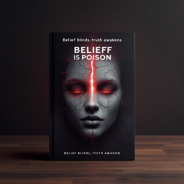 A flat design of a cracked stone-textured human face, front-facing, occupying the majority of the book cover. The cracks are illuminated with a vibrant red glow emanating from the mind area, symbolizing the shattering of false beliefs and an internal awakening. The background is a dark gradient, transitioning from black to deep crimson, with subtle smoke or mist effects to enhance intensity. The red glow creates contrasting emphasis on the central figure.