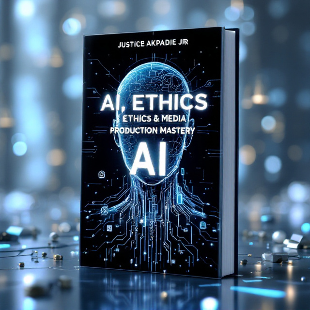 A futuristic AI humanoid figure with a half-digitalized face, symbolizing artificial intelligence, located centrally on the cover. The humanoid is surrounded by abstract glowing circuits and digital patterns outlining neural networks in rich tones of blue, silver, and black. In the background, faint holographic legal scales and media icons are subtly blended to suggest the themes of ethics, regulations, and media production. The book's title glows in soft white, giving an educational yet thought-provoking vibe, while fine rays of light spread outward to add dynamics.