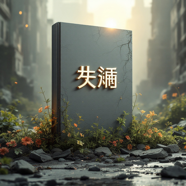 A stark contrast of a polluted, decaying urban landscape overtaken by wild, overgrown nature. The tone is subdued, with muted grays and browns for the cityscape, while bursts of vibrant green vines and colorful blossoms dramatically climb through the cracks. A fading sun looms in the background, partially obscured by thick smog, with faint rays breaking through, symbolizing the fleeting idea of hope.