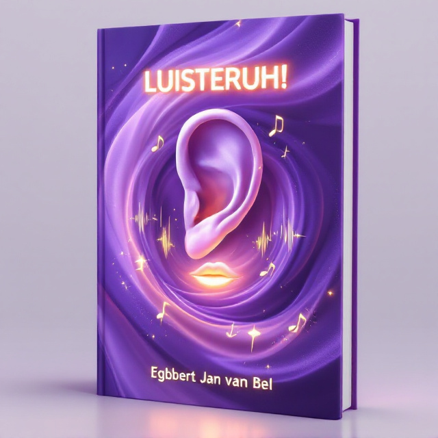 A surreal purple swirl forms the background, blending shades of lavender and deep-violet hues. At the center, there is a large, semi-transparent ear emerging out of the swirl, paired with a slightly open, glowing mouth just beneath it. These elements emit a faint shimmer, symbolizing magical realism. Transparent soundwave lines float around the ear and mouth, adding a dynamic touch.