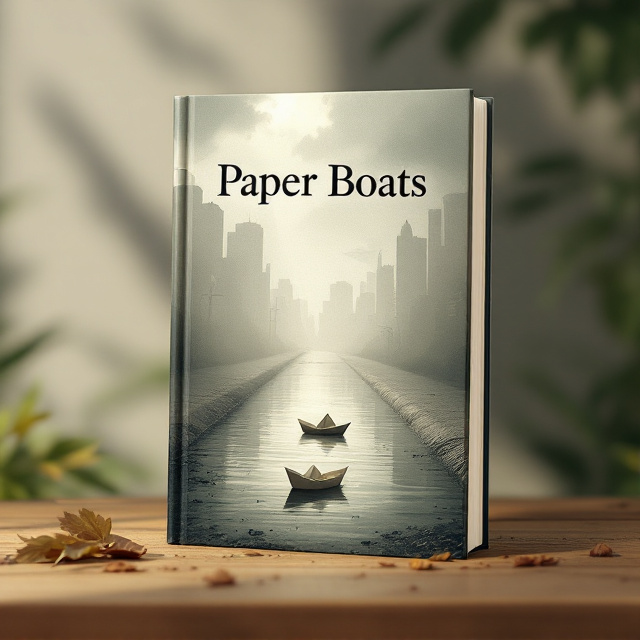 A minimalist depiction of a roadside drain in Kolkata with murky water reflecting faint outlines of city buildings in the background. A small, delicately crafted paper boat made from common ruled paper floats along the drain, illuminated by a soft beam of sunlight that breaks through melancholy gray clouds. Stray leaves and debris subtly surround the paper boat, enhancing the atmosphere.