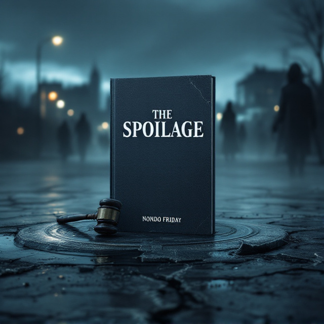 A desolate, urban skyline in the background, with flickering streetlights casting cold shadows. The foreground depicts a cracked gavel resting on a broken, corrupted city seal, partly sinking into a dark puddle. Faint mist rises, shrouding shadowy figures of people watching from afar as though helpless. The color palette is dominated by deep shades of blue and black, accented by faint white and gray mist for a somber, melancholic tone.