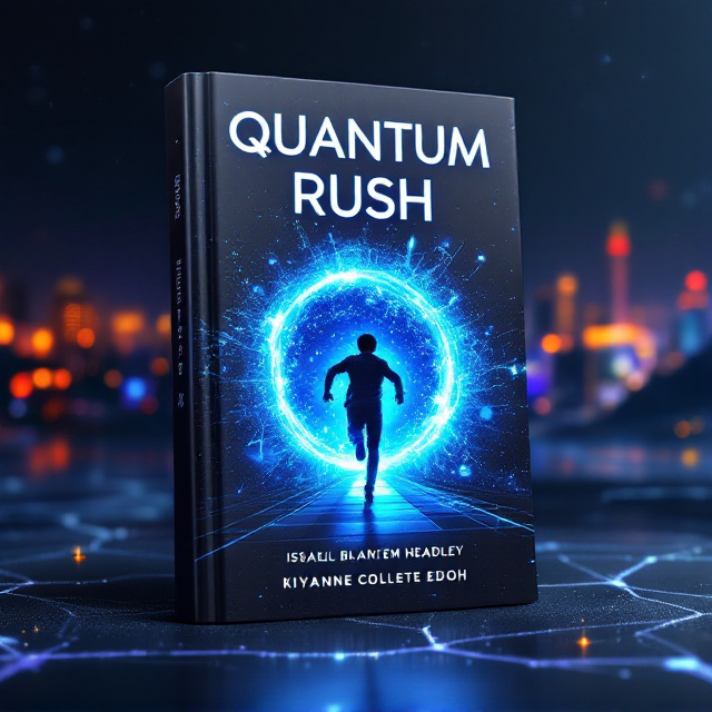 A futuristic scene with a glowing portal made of electric blue fractals, set in the center of the cover. A teenage character in motion is seen running out of the portal, with a trail of quantum particles dissolving behind him. The background consists of a dark starry sky mixed with neon cityscape elements in the distance, emphasizing both the vastness of space and the energy of movement. The title, "Quantum Rush," appears prominently in the upper half of the cover with a metallic sheen. Below, the authors' names are placed in a harmonious arrangement along the bottom edge.