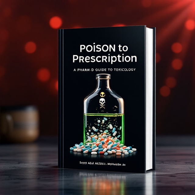 A sleek, premium black background with a gradient red-to-white glow emanating from the center. The central image will feature a dark, sleek glass bottle, half-filled with green liquid (representing poison) transitioning into blue-and-white capsules and pills (representing prescription drugs). The bottle has a faint skull-and-crossbones symbol fading into a medical caduceus symbol. In the background, a faint DNA helix design interweaves with a pharmacy mortar and pestle icon, creating a visual link between toxicology and pharmaceuticals.