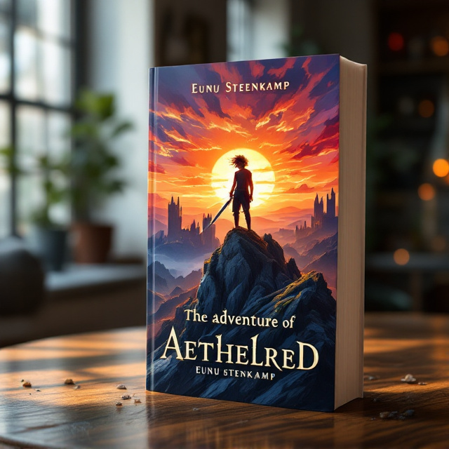 The cover features a vibrant, painterly illustration of a young man standing on a jagged mountain peak. He is depicted with wild hair, a determined expression, and a gleaming sword held firmly at his side. The background showcases a mesmerizing sunset sky in shades of deep orange, purple, and gold, bathing the entire scene in a warm glow. In the distance, a grand medieval castle rises from the horizon, with tall spires and illuminated windows, silhouetted against the sun. The foreground showcases the rugged texture of the mountain, with small details such as scattered pebbles and patches of green moss to give a lifelike feel.