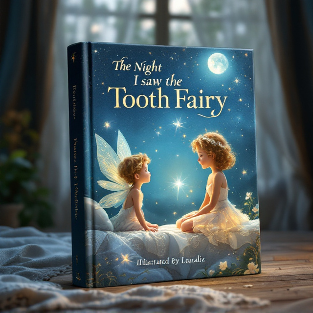 A dreamy night-time scene with a soft, glowing moonlight spilling through a window dressed with flowing white lace curtains. In the foreground, the fairy is perched gently on the edge of an elegant wooden bed, glowing softly with warm golden light. Her translucent wings sparkle with golden veins, and her white dress is embroidered with subtle glittery details. She wears a daisy-chain crown atop her soft golden curly hair and gazes expressively at the young boy lying on the bed, cuddling his teddy bear with a look of curiosity and wonder. The background features muted jewel-toned walls and a stack of books on the nightstand, subtly highlighted by the golden glow emanating from the fairy. Sparkling stars and faint golden swirls fill the room, blending to create a magical ambiance.