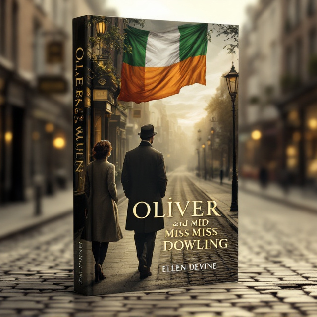 The cover depicts a sepia-toned Dublin street in the 1930s with a cobbled road stretching into the distance. A man in a dark trench coat and flat cap is seen walking past a woman in a modest dress with a cardigan; their gazes do not meet, but the man looks back at her with longing. Above them, the Irish tricolour (green, white, and orange) flies from a classic Georgian-style building window, its vibrant hues standing out prominently against the muted sepia background. The cityscape features faintly blurred storefront signs in old Irish typography and lampposts.