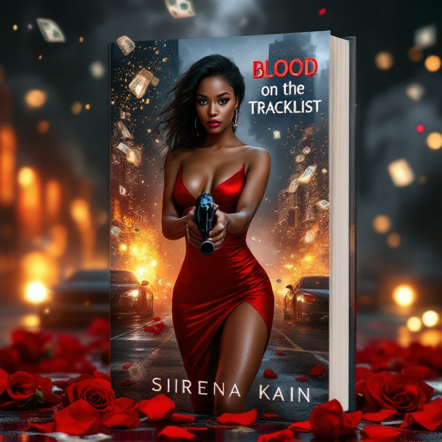 A sultry African American woman, dressed in a sleek red satin dress with a thigh-high slit, stands front and center. She gazes intensely at the viewer, her lips slightly parted, confidently holding a sleek black pistol aimed directly outward. Behind her, stacks of money appear to be raining down from a night sky full of swirling smoke and faint, golden city lights. In the distance, a lineup of luxury cars glistens, lit by stray streetlights, while champagne bursts in the air. The base of the scene is adorned with scattered red roses, some cut in half, and spilled champagne puddles.
