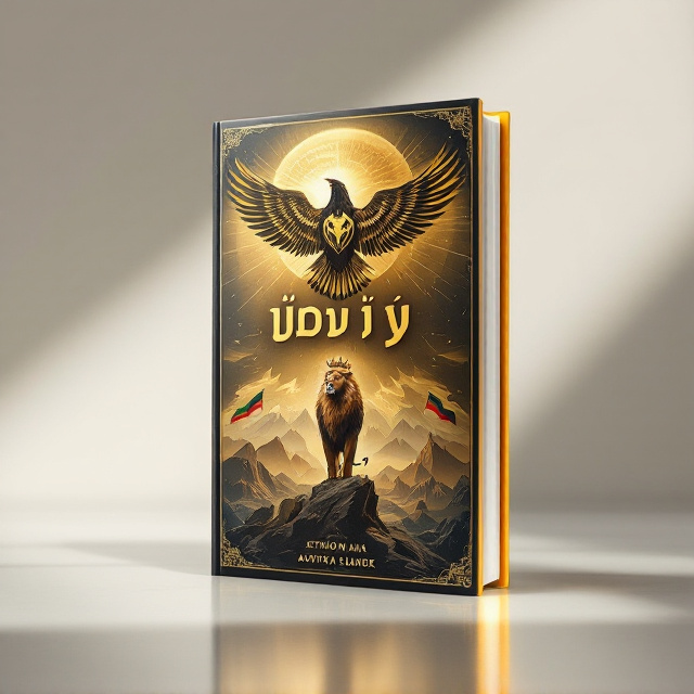 A commanding image of an eagle soaring with widespread wings appears towards the upper center of the cover, above a crowned lion in a majestic pose standing on a rocky terrain, symbolizing strength and liberation. The background features a gradient of lead tones blending into hints of gold, symbolizing ambition and resilience. Behind the figures, faint illustrations of mountains and flags subtly highlight a sense of nation and pride.
