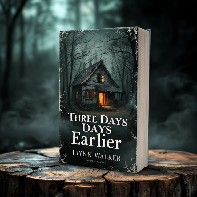 A haunting illustration of a dilapidated wooden cabin, its roof sagging and windows shattered, hidden amidst dense, shadowy trees. The forest fades into darkness at the edges of the cover, creating an air of mystery and isolation. A faint, eerie light spills out from the cabin’s doorway, hinting at something sinister within. Fog swirls along the forest floor, and faint claw-like tree branches extend towards the text, adding tension. The color palette features deep greens, blacks, muted grays, and a faint touch of orange from the cabin’s light.