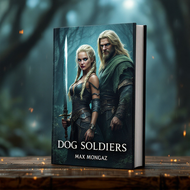 A stormy, dark forest serves as the backdrop with jagged shadows and faint moonlight filtering through the treetops. The blonde woman with her hair in warrior-style braids stands in the foreground, her furious intensity captured in her piercing blue eyes. She is gripping two gleaming swords, one angled upward in defense and the other pointed downward. Beside her, the taller man with long blonde hair and a short beard stands in a protective stance, his green tunic blending slightly into the forest. His sword is raised, battle-ready, and his focus is locked forward. Both characters’ expressions embody anger and resolve, while embers float subtly in the air as if hints of chaos or battle had just erupted. The title "Dog Soldiers" is in bold, sharp-edged metallic letters at the top-middle of the cover with fiery orange and red accents to suggest intensity and danger.