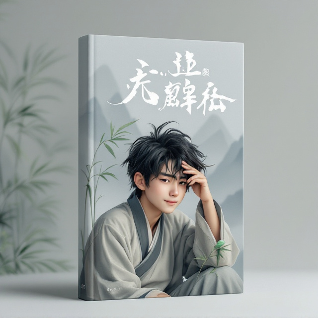 The cover depicts a young, 12-year-old boy with messy black hair dressed in traditional East Asian attire, sitting against a misty mountain landscape. His hand is placed on his forehead in a gesture of exasperation, paired with a weak, lopsided smile. His posture slightly leans forward and his eyes gaze head-on, revealing a mix of exhaustion and determination. Behind him, tall, slender bamboo plants sway gently while stylized mountains rise in elegant sweeps toward the top of the frame. A delicate jade hairpin rests on the bamboo stalk near him, symbolizing nurturing and connection. The background is muted in shades of soft gray, while the bamboo and hairpin contrast faintly in cool greens, adding depth while emphasizing the young adult narrative.