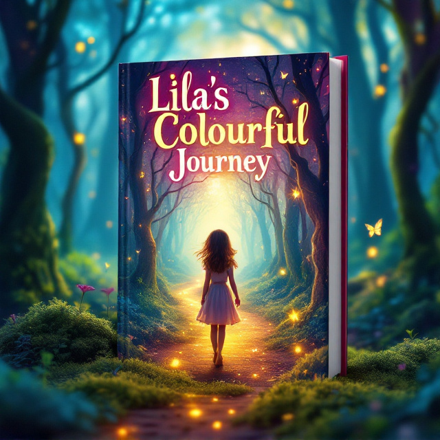 A vibrant enchanted forest setting with tall, twisted trees glowing in hues of magenta, turquoise, and gold. Lila, a young girl dressed in a charming outfit, is walking down an illuminated, winding pathway with magical fireflies swirling around her. Behind her, colorful shadows depict scenes of courage and empathy, subtly transforming into brighter, heartwarming images as they progress deeper into the forest. A soft focus on details like sparkling elements on leaves and light beams sets a dreamy tone.