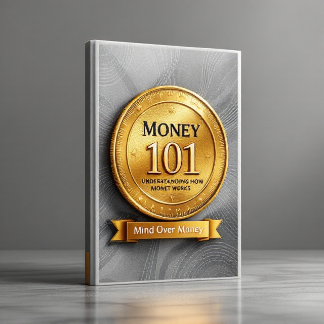 A gleaming gold coin in the center of the cover, partially tilted, with intricate embossed details. Surrounding the coin is an abstract grey background with subtle gradients and flowing linear patterns representing movement and growth. The title “Money 101 Understanding How Money Works” is prominently displayed across the coin surface, with the author name “Mind Over Money” placed on a sleek ribbon that wraps around the bottom of the coin.
