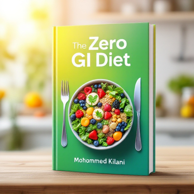 A vibrant cover features a gradient of greens symbolizing fresh and healthy eating, blending into calming whites at the edges. The centerpiece is a bowl filled with colorful low-GI foods like leafy greens, berries, and quinoa. A minimalist fork and knife form a subtle frame on each side of the bowl. At the top of the cover, a soft glow gives a sense of vitality and health.