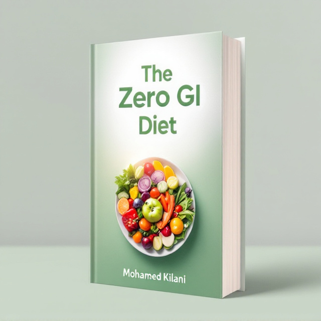 A light green and white gradient background symbolizing health and freshness, with a large, vibrant image of a dish of colorful vegetables and fruits in the center. A faint silhouette of a fit, smiling figure (gender-neutral) is subtly integrated into the backdrop, emanating a glow. The title "The Zero GI Diet" is prominently displayed at the top, while the author’s name "Mohammed Kilani" is placed at the bottom in smaller, clean text.