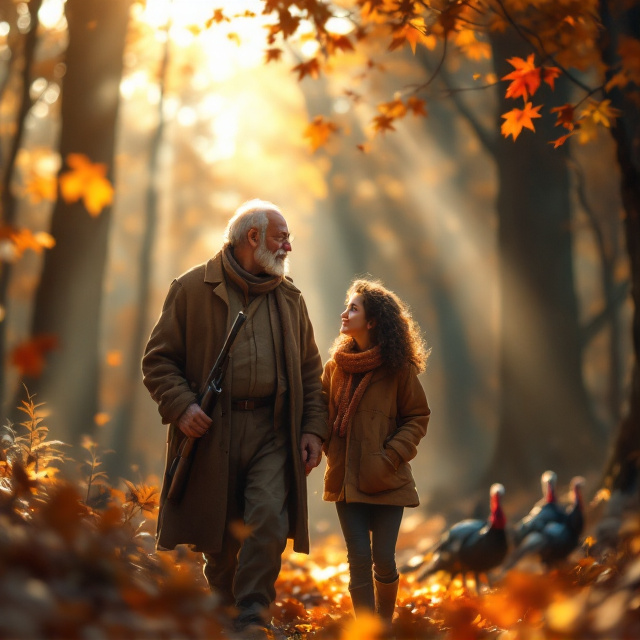 An old man with a weathered face walking beside a teenage girl with curly hair, dressed warmly in autumn tones; both are in a serene forest with leaves in shades of orange, red, and brown falling softly. Wild turkeys wander in the background amidst tall trees. The scene evokes both a sense of loss and quiet solace, with the old man leaning slightly on a hunting rifle while looking at the girl, a look of unspoken understanding between them. Sunlight filters through the trees, casting a golden amber glow, with the title written in the light.