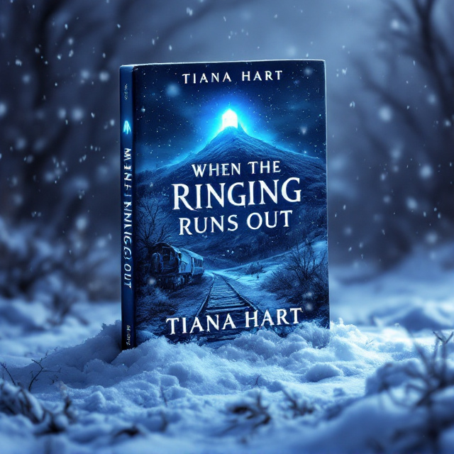 A haunting winter scene with a desolate hill rising subtly on the horizon. An old, half-buried abandoned train protrudes from the deep snow, its metal surface frosted over and glinting faintly under an eerie ghostly blue light emanating from the cracked sleigh bells. The cracked sleigh bells hang suspended from the sleigh’s handle, which floats ominously in the storm-filled, dark purple sky. In the background, faint silhouettes of twisted, ghostly figures hide among the crooked, leafless trees, blending into the shadows. Snowfall appears heavy, with flakes contrasting sharply in blue light.
