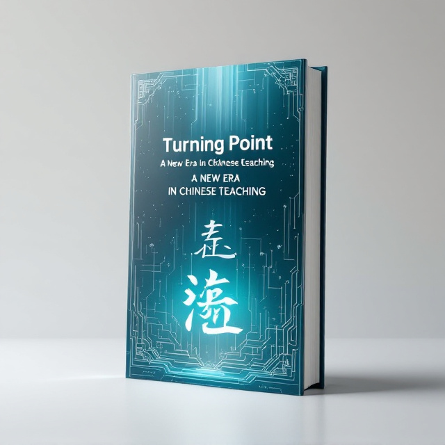 Create a realistic 3D mockup of a standing book titled "Turning Point: A New Era in Chinese Teaching". The book is positioned upright, slightly angled for a dynamic presentation. A minimalistic white background serves as the base, ensuring the book's design remains the focal point. The cover design features a futuristic digital gradient of teal and silver hues resembling holographic light subtly streaking across the top half. Centered on the cover, the title "Turning Point: A New Era in Chinese Teaching" is displayed in bold Sans-serif typography, capturing a modern feel. Beneath the title, the Chinese calligraphy characters 应变 are elegantly showcased in traditional ink-brush strokes, contrasting beautifully with the sleek modern backdrop. Subtle interlocking circuit patterns fade into the lower portion of the cover, symbolizing the integration of technology, framed gently by faint traditional Chinese latticework. The typography hierarchy incorporates bold Sans-serif for the main title to emphasize modernity, while a contrasting Serif font is used for the subtitle, adding a touch of sophistication. The title is placed prominently in the top center, with the subtitle and Chinese calligraphy characters neatly aligned below in a clean, symmetrical layout. The teal and silver gradient flows horizontally near the title for vibrance, while the circuit design and latticework subtly enrich the lower section. The white background enhances the minimalist aesthetic and keeps the focus on the cover elements. The mockup emphasizes the 3D form of the book, with shadows and lighting subtly defining its depth, and the author's name section is intentionally left blank to maintain the design's cleanliness. Display the book mockup in a well-lit studio-like environment with a soft diffused shadow below, ensuring the overall presentation is sleek and professional.