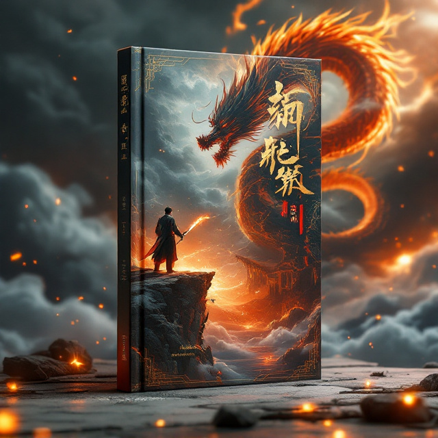 A lone swordsman in traditional Chinese clothing stands on the edge of a crumbling, sky-high cliff with a flaming sword in hand, facing a massive, ominous dragon twisted in dark clouds above a crimson sea. The background features ancient, mystical Chinese architecture floating amidst dark stormy clouds and glowing talismans swirling in the air. The entire composition integrates elements of divine energy flowing through golden calligraphy in the form of combat spells scattered across the artwork.