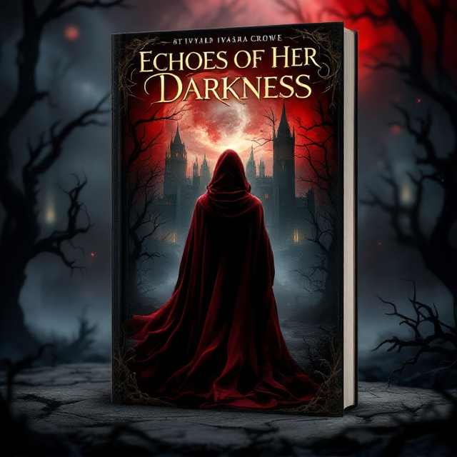 A silhouetted figure wearing a swirling red cloak stands at the forefront, their back turned to the viewer. The gothic academy towers ominously behind them, bathed in a glowing crimson sky with tendrils of shadows curling around it. The surroundings evoke a haunting feeling with faint outlines of dead, clawing trees. A golden shimmer subtly illuminates parts of the swirling cloak and edges of the gothic structure to create depth and richness.