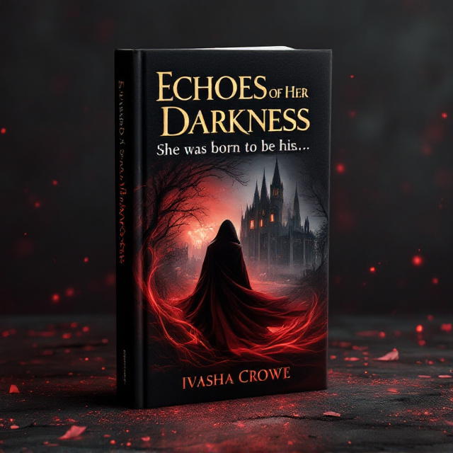 A gothic academy building looms in the background with intricate spired architecture, shrouded by mist and bathed in crimson light. The center foreground features a silhouetted figure of a woman in a swirling deep red cloak, her body half-turned, revealing only the hint of her face—captivating and shadowed. The edges of the cover fade to black. A subtle golden glow emanates from the building's windows, adding a spectral mystery. The tagline “She was born to be his…” is scrawled over the figure in an elegant but haunting script. Golden embossed accents frame the corners of the cover, completing the dark yet luxurious vibe.
