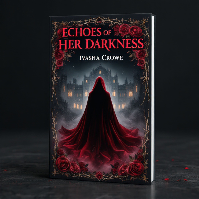 A hauntingly striking cover featuring a silhouetted figure in a flowing crimson red cloak, its edges swirling in smoky tendrils, standing center-stage in front of an imposing, gothic-style academy building. The academy is dark, shadowy, and softly illuminated with a faint gold glow from its looming windows. The sky above is blood-red, blending seamlessly with black at the edges, creating an atmosphere of dread and passion. Around the figure, faintly etched roses in gold intertwine with thorny vines, circling the title at the top. The tagline, “She was born to be his downfall,” is written in elegant gold script beneath the silhouetted figure.