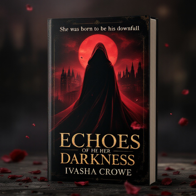A silhouetted female figure in a swirling deep red cloak stands ominously in the foreground, the cloak dramatically flowing around her against a stormy crimson sky. Behind her, a gothic academy building looms in darkness, its spired rooftops partially veiled by mist. The scene is bathed in a rich blend of black, deep red, and gold accents. Subtle swirling shadows and faint rose petals swirl around her, enhancing the mysterious, dark romantic tone. The tagline, “She was born to be his downfall,” is written elegantly at the top, radiating a faint golden glow.