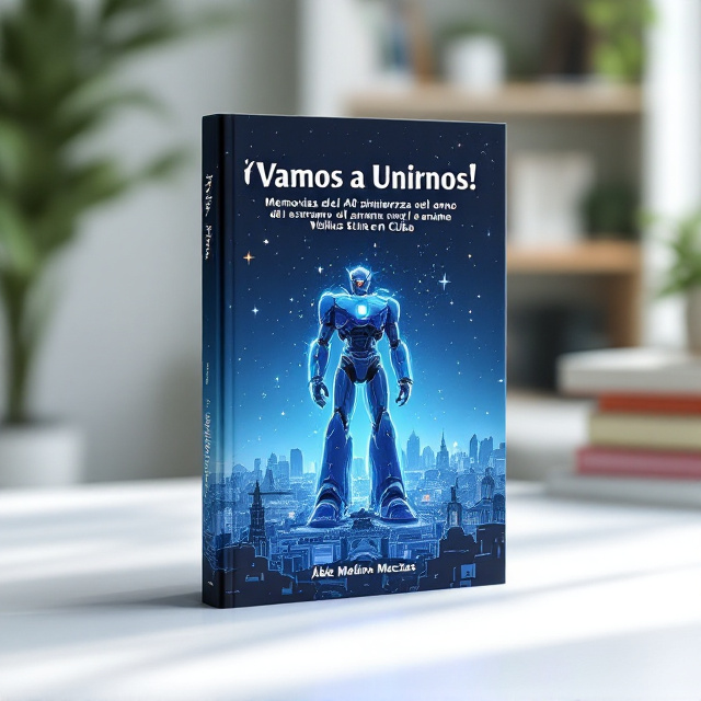A vibrant illustration featuring Voltus Five, the iconic anime robot, gracefully placed in the center of the cover. The robot is bathed in a glowing blue aura, symbolizing nostalgia and excitement. Surrounding Voltus Five are subtle sketches of Cuban landmarks intertwined with stars and flashes of light, representing the cultural resonance of the anime in Cuba. The backdrop is a gradient of deep blue, transitioning from dark at the top to lighter blues at the bottom, evoking a starry night sky. The title text is arched above the robot, with the author's name placed below in a bold, clear font.