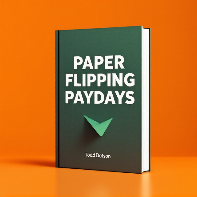 A plain, vibrant orange background serves as the base for the cover. In the center, bold white text reading the title "Paper Flipping Paydays" is placed, with the words slightly staggered for a dynamic look. Behind the title, a clean, minimalist green graphic resembling a paper turning page subtly adds depth and reinforces the theme. At the bottom portion, the author’s name, "Todd Dotson," is written in smaller, clean white sans-serif text for balance.