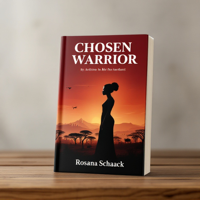 A solitary, striking silhouette of a tall Black woman stands in profile, facing the left edge of the cover, her head turned slightly upward, symbolizing strength and hope. The backdrop transitions from deep crimson at the top to earthy orange tones at the bottom, depicting a dusk-lit, serene West African savannah scene with scattered baobab trees and subtle outlines of rolling hills. Faint shadows of war-torn elements, such as faded tanks or banners, blend into the horizon, symbolizing the hardships and conflict in her past. A gentle wind seems to ripple through the scene, adding a sense of motion and life. The title, "CHOSEN WARRIOR," is placed above the woman's silhouette in bold, capitalized text, in a warm cream color that contrasts against the sunset hues.