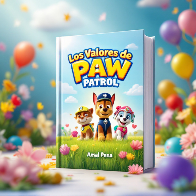 A cheerful scene featuring the Paw Patrol characters standing together in a colorful meadow with rays of sunshine breaking through the sky. The meadow is dotted with flowers and small, subtle details that convey playfulness and joy. Above the characters, floating balloons and streamers add to the celebratory atmosphere. A cartoon-like illustrated world is used to match the children's theme, with vibrant, bold colors dominating the entire composition.