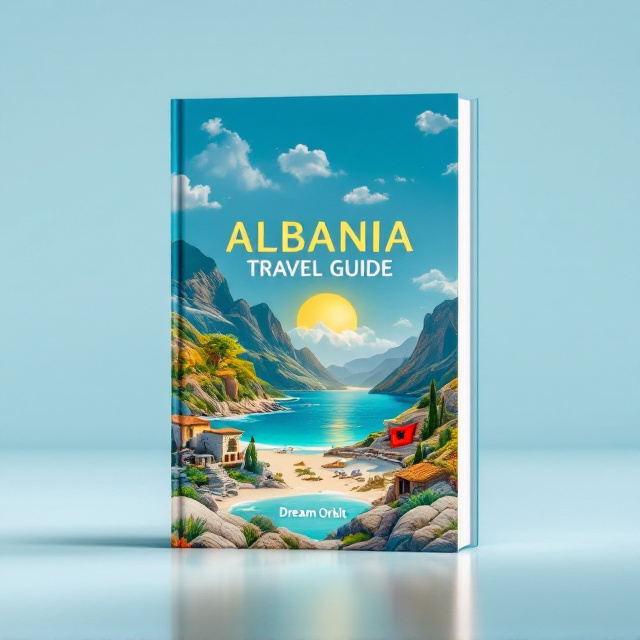 An inviting landscape scene featuring Albania's pristine beaches and mountainous terrains. In the foreground, there is a subtle overlay of cultural icons like an Albanian flag, a traditional house, or ruins, blending smoothly into a blue sky with a bright, cheerful sun. The vibrant colors (emerald greens, azure blues, and warm golds) evoke a sense of discovery and satisfaction.