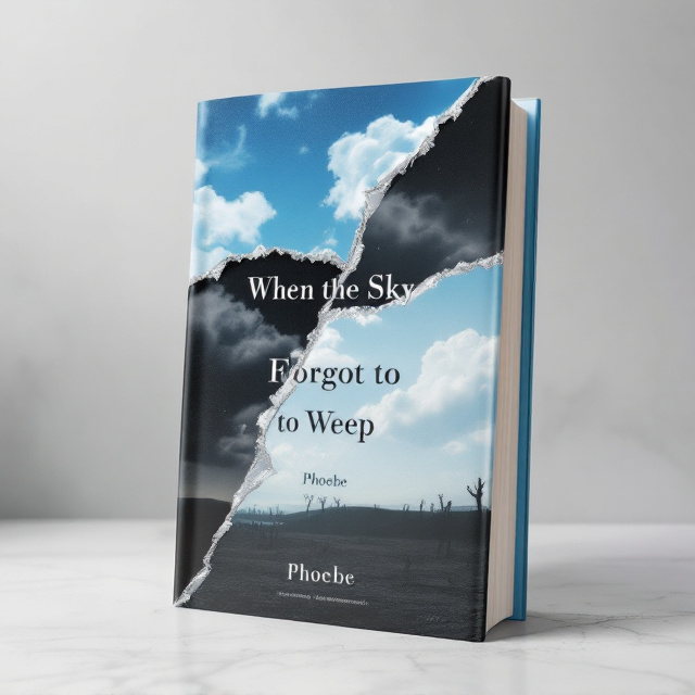 A fragmented sky with vivid contrasts of sunny blue hues and ominous black clouds stitched together by a silver-thread tear running diagonally across. The stitches are slightly ragged, emphasizing the emotions of pain and imperfection. Below this dramatic sky, the horizon fades into unsettling silhouettes of barren land, representing emotional isolation and hopelessness. The title takes center focus near the tear, framed against the stitched sky.