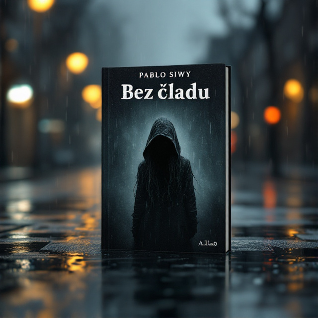 A hooded girl with long, wet black hair stands in the rain amidst a dreary, almost desolate city street. Her face is concealed by the hood, blending her figure into the shadows. Rain falls in detailed streams, soaking the environment and giving a heavy, gloomy atmosphere. The surroundings are dimly lit, with muted shades of grey and black dominating. Faintly blurred background showcases indistinct city lights, casting an eerie glow onto wet pavements. The composition focuses on the girl as the focal point, with the rain and city amplifying the sense of sorrow and mystery.