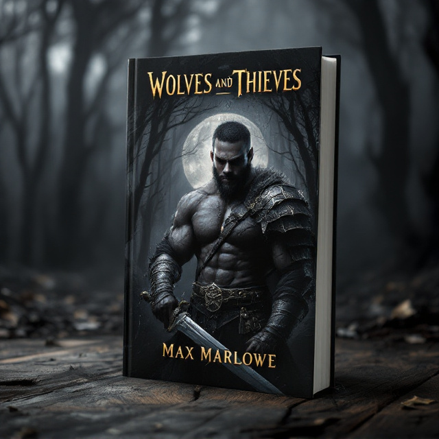 The cover features a dark, moody forest with bare, twisted trees veiled in thick mist. Standing boldly in the foreground, the muscular African American man is centrally framed. His piercing scowl and scarred black brigandine armor dominate the visual, illuminated by subtle, eerie moonlight that also highlights the sharp blade of the sword he wields. The eyepatch with its detailed string and the streak of gray in his beard are meticulously visible, adding aged, battle-hardened character to his demeanor. The background transitions to shadow and darkness near the edges, focusing all attention on the man. The text "Wolves and Thieves" arches above his head in large, distressed medieval-inspired typography, while “Max Marlowe” is placed at the bottom center in slightly smaller but equally weathered font.