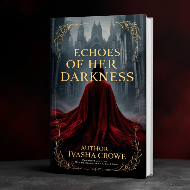 A dark, gothic-style background features a tall, ominous academy building with pointed arches and intricate stone detailing. The building is shrouded in misty crimson and black hues that fade into swirling shadows at the edges of the cover. In the foreground, a silhouetted female figure in a flowing, tattered red cloak stands with her back turned, her cloak whipped by an unseen wind. Gold-embossed vines snake across the bottom edge of the cover, adding an elegant touch of mystery and richness.