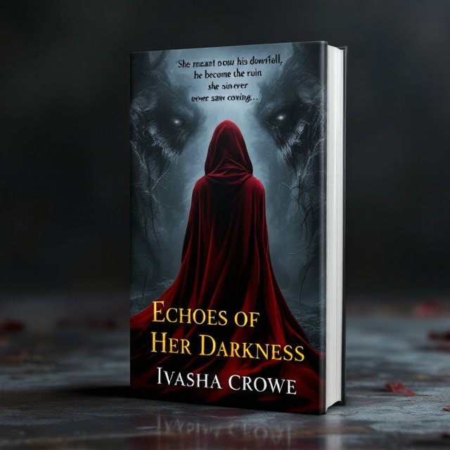 A silhouetted figure draped in a billowing red cloak stands in the foreground, facing an imposing gothic academy building set in shadow and etched with intricate details. The sky above is a gradient of ominous crimson streaks blending into black, creating a moody and mysterious backdrop. Gold accents frame the image, adding an air of regality. Wisps of fog curl around the figure’s feet, enhancing a sense of foreboding and intrigue. The tagline "She was meant to be his downfall, he became the ruin she never saw coming..." is beautifully integrated at the very top, written in an elegant smoky gold flourish.