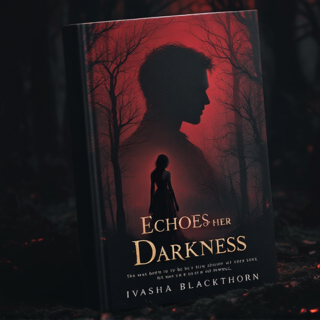 A dark, shadowy forest with a rich gradient of crimson fading into black as the primary background. A lone silhouette of a woman clad in a flowing, tattered dress stands at the forest's edge, her pose reflecting both strength and vulnerability. In the faint mist behind her, the haunting shadowy outline of a man’s face emerges subtly, his presence suggesting an eerie connection. Soft muted gold accents glimmer along the edges of the trees and faintly outline the silhouettes, adding elegance and depth.