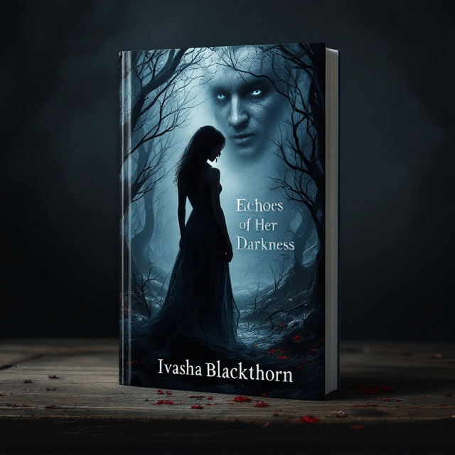 A haunting silhouette of a woman in a flowing, tattered dress stands at the edge of a dark, ominous forest. The forest has shadowy, twisted trees with faint whispers of mist swirling around the edges. In the subtle background, a faint, almost ghostly reflection of a man's face emerges, his features barely discernible but with a piercing gaze. The entire cover is enveloped in a muted palette of deep blues, blacks, and grays, with hints of faint blood-red tones subtly emphasizing the dark romance and thriller aspect.