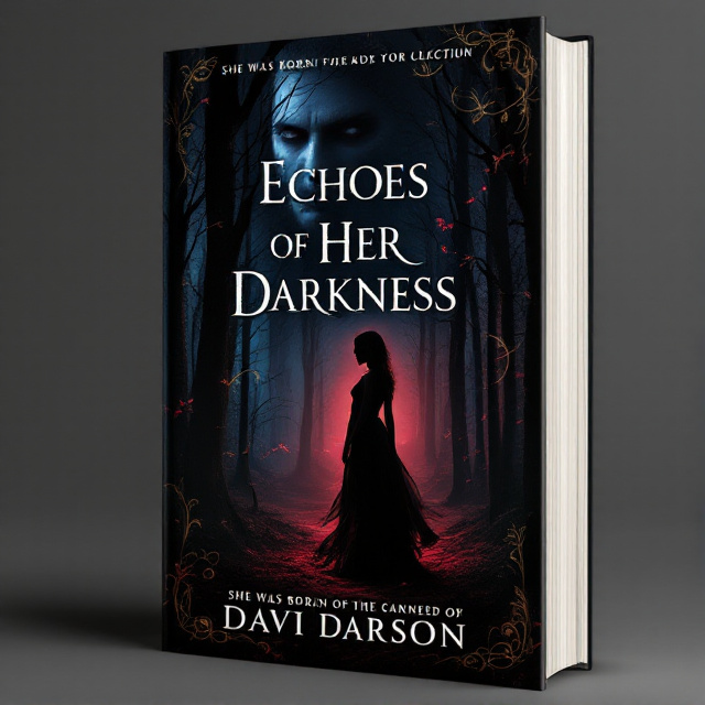 A shadowy, enchanting forest forms the main backdrop, with muted deep crimson hues filtering through the trees like a setting sun. At the forefront, a silhouette of a woman in a flowing, tattered dress stands at the forest's edge. Her figure is slightly turned, with her head tilted downward, conveying mystery and sorrow. In the faded background, the faint reflection of a hauntingly striking man's face looms, his expression a blend of danger and allure, almost ghostlike. Tendrils of gold accents subtly swirl through the image, creating a mystical and elegant contrast, while hinting at connection and turmoil.