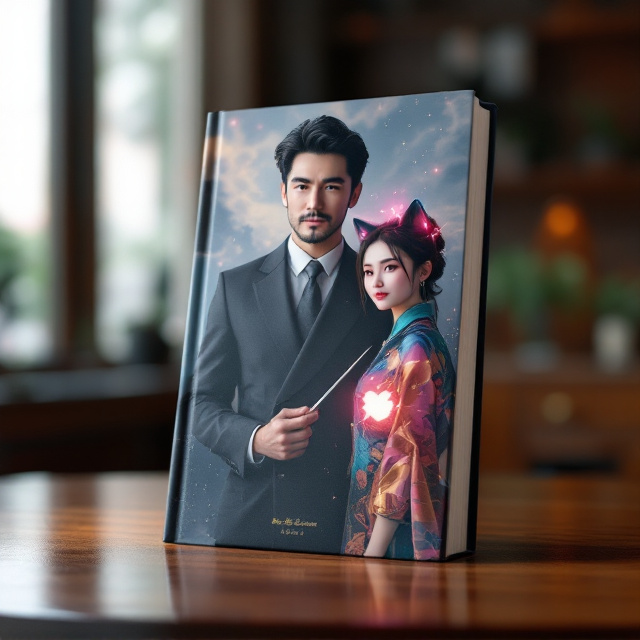 The cover features a striking golden triangle composition. The confident and charming male protagonist stands in the foreground, occupying 40% of the visual space, holding a gleaming silver needle in his right hand—a symbol of his expertise in traditional Chinese medicine. To the bottom right focal point (20%), a playful and adorable cat-eared girl, with soft neon-pink light effects emanating from her head, adds a whimsical charm. Behind the protagonist, two distinctive "御姐" characters emerge one in a sleek gray-black business outfit, wearing glasses, holding an accountant’s ledger (30%); and the other draping elegantly in a rainbow-toned cheongsam, leaning against his left shoulder (30%). Shadowy outlines of additional “御姐” figures form in the background, collectively filling 10% of the composition. At the protagonist’s right shoulder, a quirky, glowing green and pink sprite adds a magical element. His belt features a bronze “黄氏” talisman coin glowing faintly. The backdrop delicately weaves a translucent abacus pattern, with a vivid lighting balance of azure transitioning into imperial ruby, blending historical and modern aesthetics. A loli at the bottom left playfully holds an ornate “良茶饮” cup with an embossed golden dragon design. At the top, the glowing neon signage of the mirrored couplets shimmers the right scroll reads "开店养生" and the left reads "美女争先恐后," both in a stylish gradient of purple-pink over black. The title shines prominently in metallic 3D lettering, floating above with a luxurious platinum sparkle and crystal-like reflections.