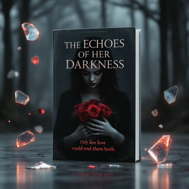 A dark, haunting forest enveloped in mist and shadows forms the background. A woman outlined in muted silhouettes stands partially turned, her expression unreadable, with deep crimson roses clutched tightly to her chest. Vivid shards of broken mirrors float around her, reflecting fragmented glimpses of a stormy sky and flickers of bright, ghostly light. The composition balances contrasting light and dark to create a sense of mystery and foreboding.