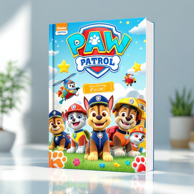 The cover is filled with a bright and colorful illustration of the Paw Patrol pups in action. Chase, Marshall, Skye, Rubble, and Rocky are arranged dynamically, each engaging in a fun activity or scene. Chase is shown driving his police car, Skye soaring in her helicopter, Rubble operating a bulldozer, Marshall with his firetruck, and Rocky helping out with tools. The background features a bright blue sky with fluffy white clouds, stars, and paw prints scattered around. A large Paw Patrol badge is prominently placed in the top-middle of the cover, with additional smaller badges and paw prints throughout.