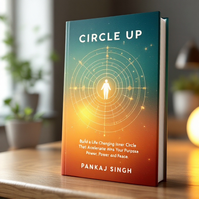 A glowing central dot symbolizing a human silhouette with concentric circles radiating outward. Subtle compass points emerge within the rings, and faint dotted connection lines span through different radii, depicting teamwork and expansion. The gradient background flows from a deep sunset orange (lower left corner) into a tranquil teal (upper right corner). The main title "CIRCLE UP" sits boldly at the center above the circles, while the subtitle lies in smaller lettering beneath it. The author name, “Pankaj Singh,” appears toward the bottom.