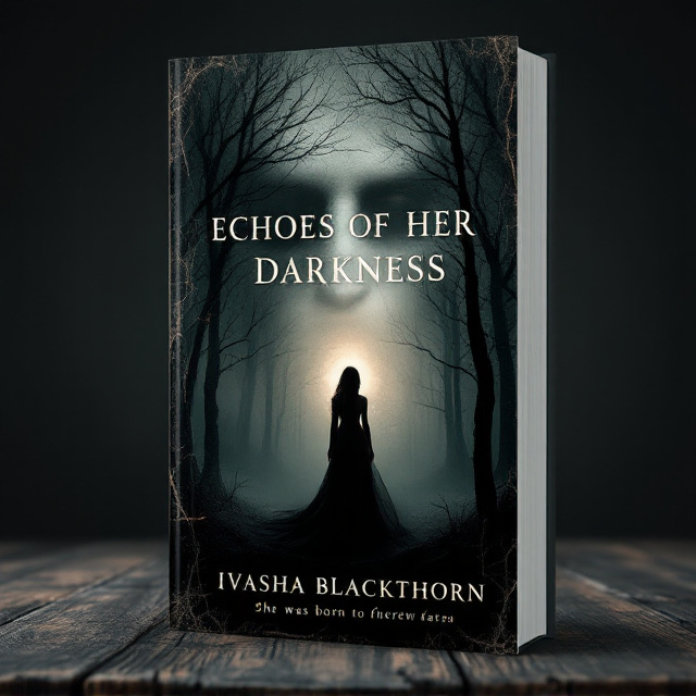 A solitary silhouette of a woman in a flowing, ethereal black dress, positioned at the edge of a dark, shadowy forest. The forest is enshrouded in mist with jagged tree branches clawing at the sky. Layered faintly in the misty sky behind her is the ghostly outline of a man’s pallid face with a haunting, penetrating gaze. A deep red and gold light filters dramatically through the trees, casting eerie shadows and suggesting intense, forbidden passion.