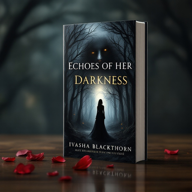 A silhouette of a woman in a flowing dress stands at the edge of a shadowy, dense forest. The forest vibrates with an ominous aura—dark trees with claw-like branches enclose her figure. A faint, ghostly reflection of a man’s face emerges from the background sky, almost blending into the blackened clouds but with piercing golden eyes casting a mysterious look. Faint, scattered petals of deep red roses float in the foreground, adding an element of dark passion. Subtle golden streaks outline parts of the silhouette and the edges of the shadowy trees, hinting at elegance amidst darkness.