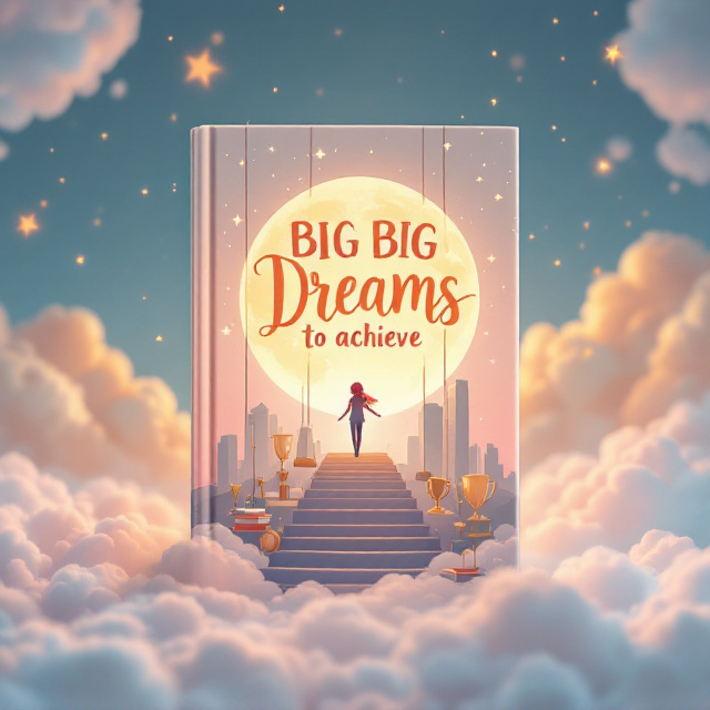 A pastel-colored dreamy sky as the background with soft clouds, subtle stars, and a full moon. In the center, a silhouette of a young girl on a swing hanging from the moon, looking up towards a staircase of stars leading into the distance, symbolizing her journey towards success. Faint outlines of books, trophies, and large skyscrapers can be seen in the background to represent big dreams and achievements.